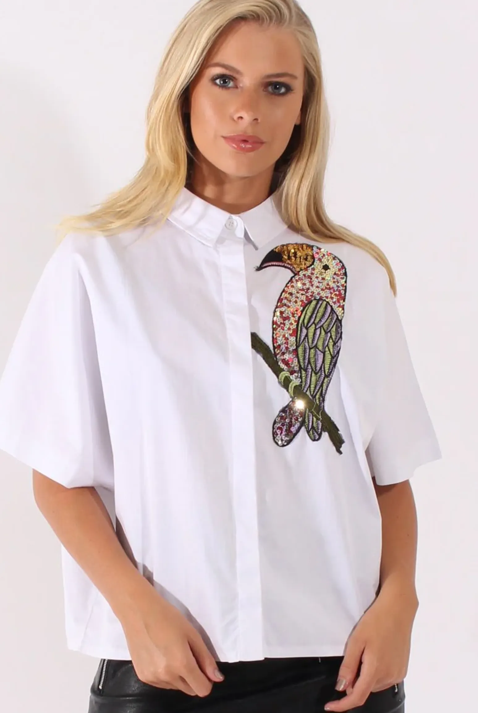 Rebellious Fashion White Oversized Sequin Badge Batwing Shirt - Skye