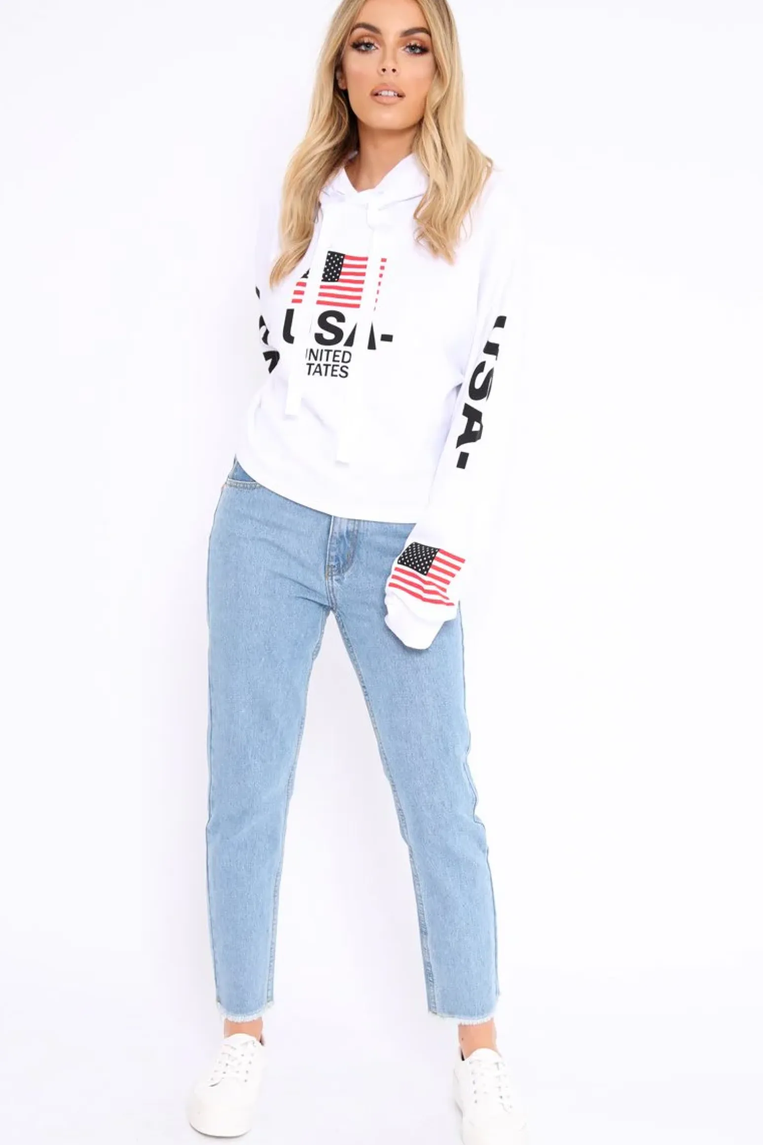 Rebellious Fashion White Oversized USA Print Hoodie - Eleah