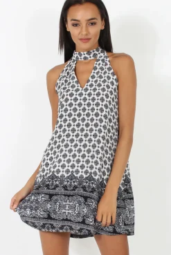 Rebellious Fashion White Paisley Print Choker Dress - Crissy