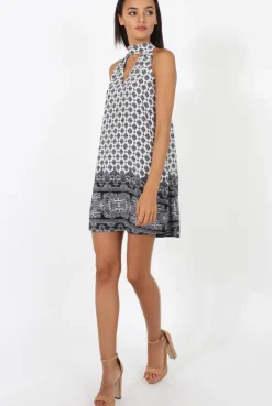 Rebellious Fashion White Paisley Print Choker Dress - Crissy