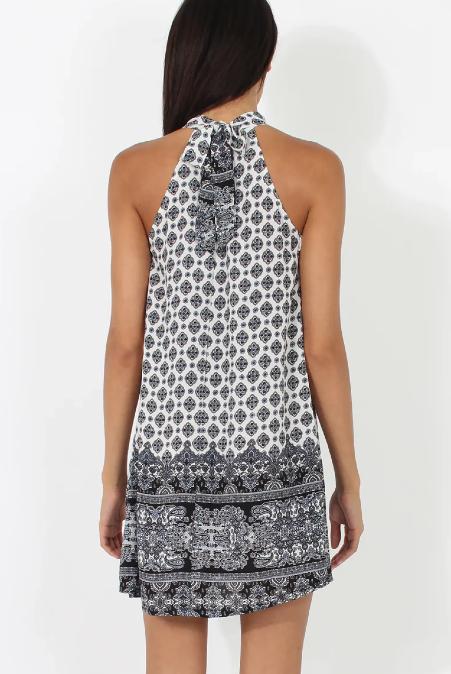 Rebellious Fashion White Paisley Print Choker Dress - Crissy