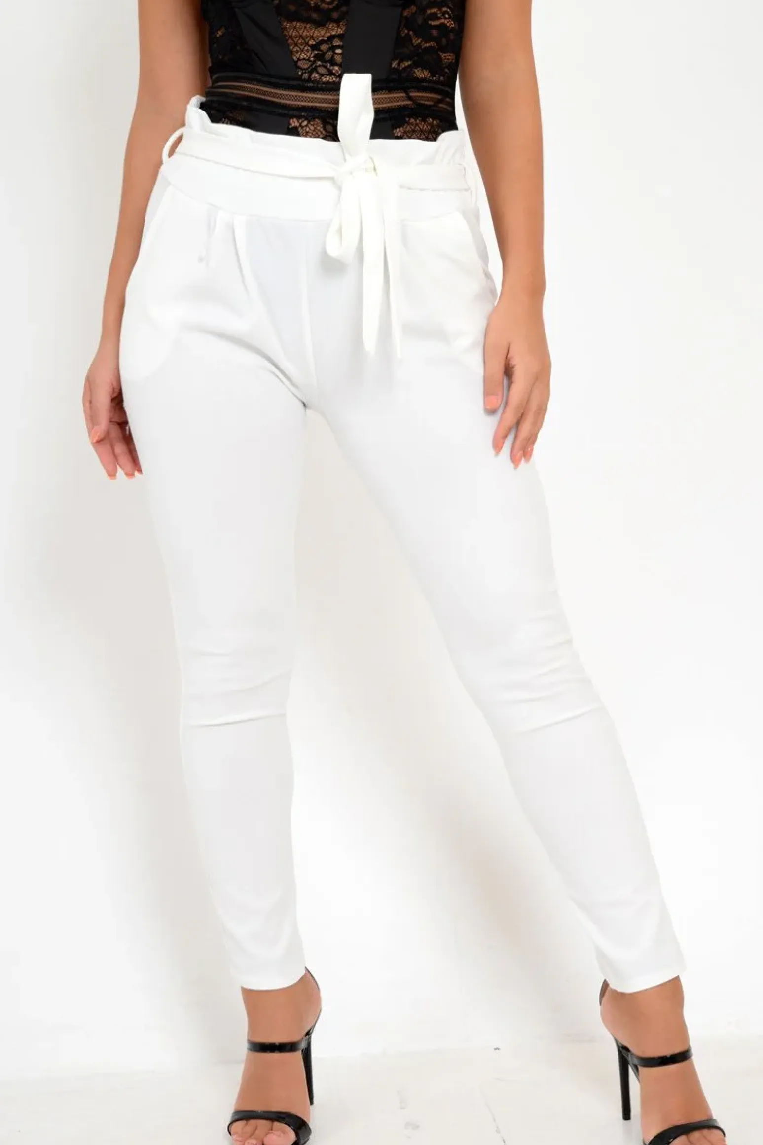 Rebellious Fashion White Paper Bag Tie Waist Cigarette Trousers - Karmen