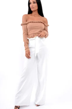 Rebellious Fashion White Paper Bag Tie Waist Wide Leg Trousers - Kennedy