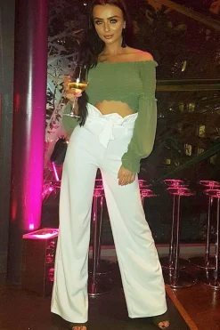 Rebellious Fashion White Paper Bag Tie Waist Wide Leg Trousers - Kennedy