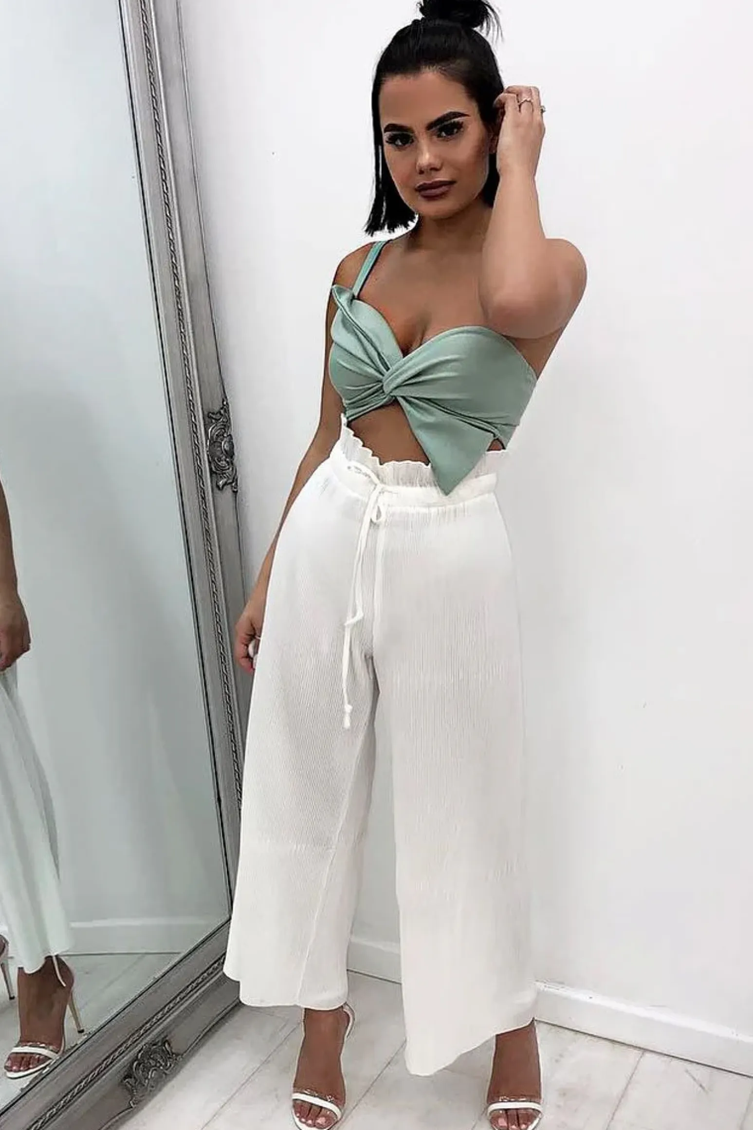 Rebellious Fashion White Paper Bag Waist Wide Legged Pleated Trousers - Louise