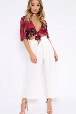 Rebellious Fashion White Paper Bag Waist Wide Legged Pleated Trousers - Louise