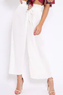 Rebellious Fashion White Paper Bag Waist Wide Legged Pleated Trousers - Louise