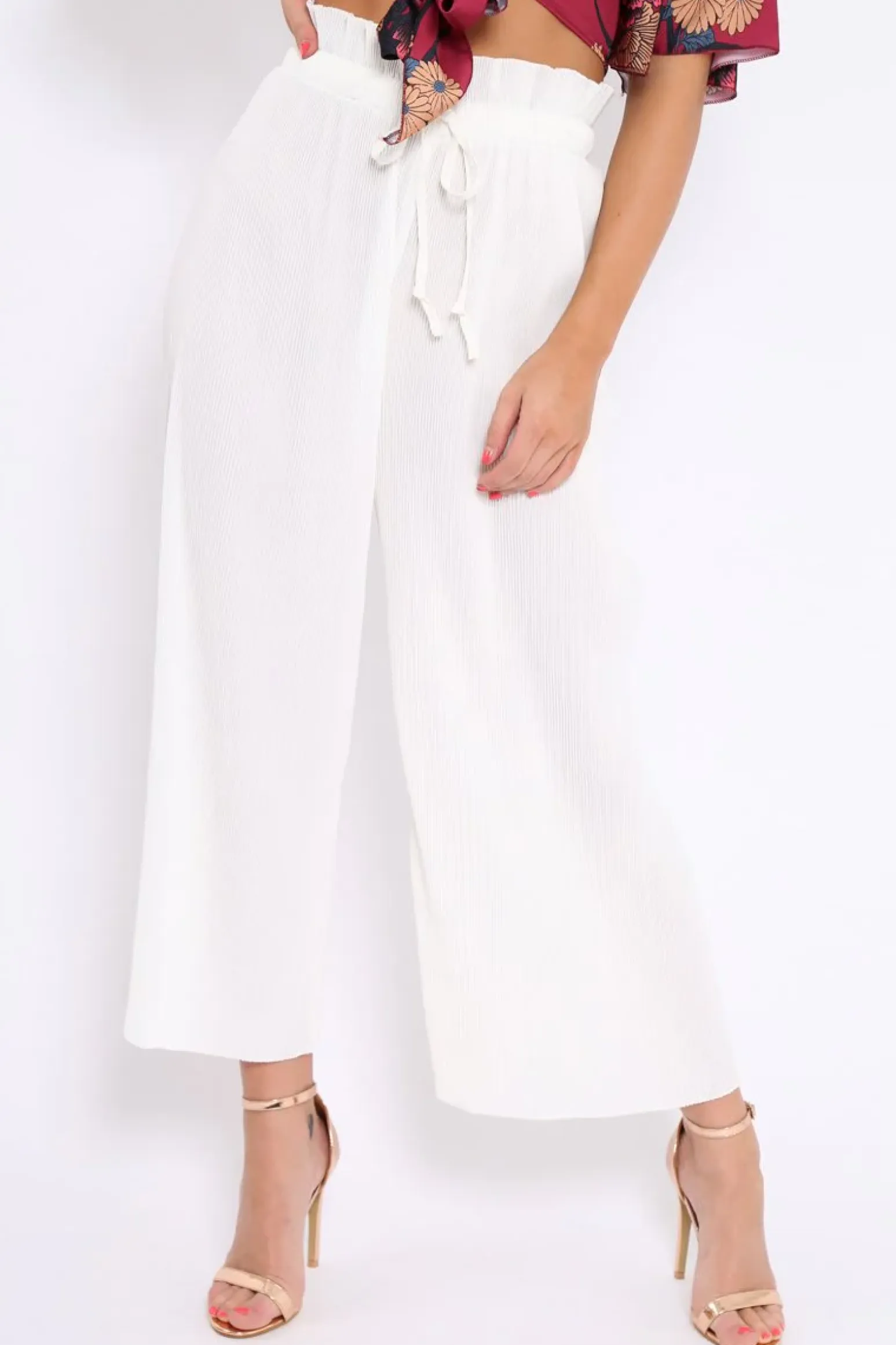 Rebellious Fashion White Paper Bag Waist Wide Legged Pleated Trousers - Louise
