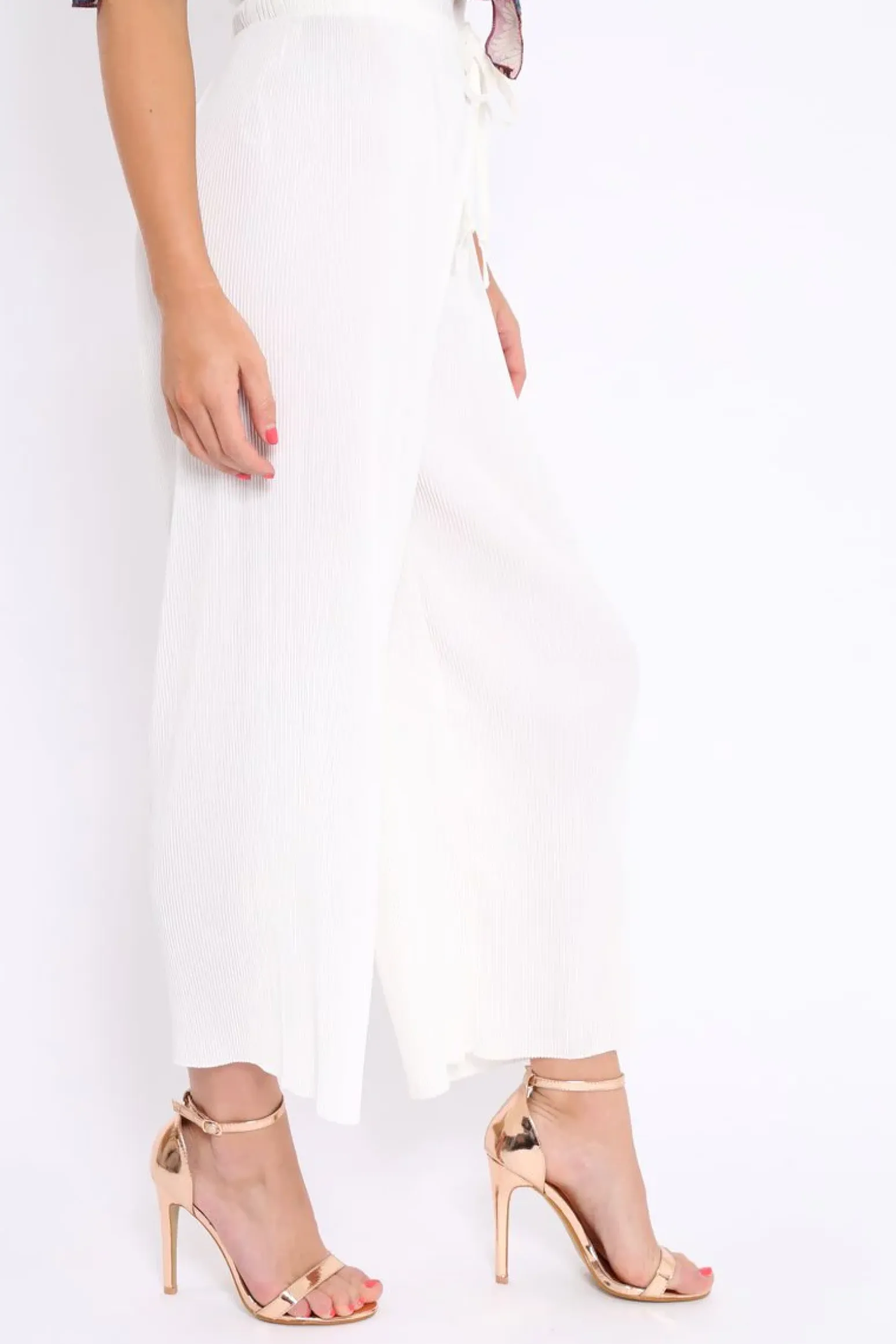Rebellious Fashion White Paper Bag Waist Wide Legged Pleated Trousers - Louise