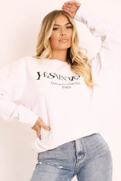 Rebellious Fashion White Parisian Slogan Front Oversized Sweatshirt - Tamy