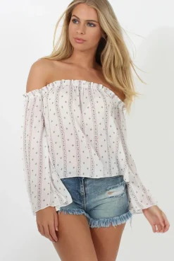 Rebellious Fashion White Pattern Bardot Three Quarter Bell Sleeve Crop- Chantelle
