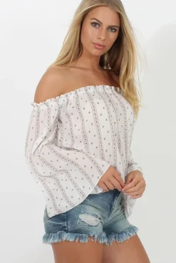 Rebellious Fashion White Pattern Bardot Three Quarter Bell Sleeve Crop- Chantelle