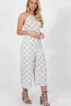 Rebellious Fashion White Pattern Culotte Jumpsuit - Monika