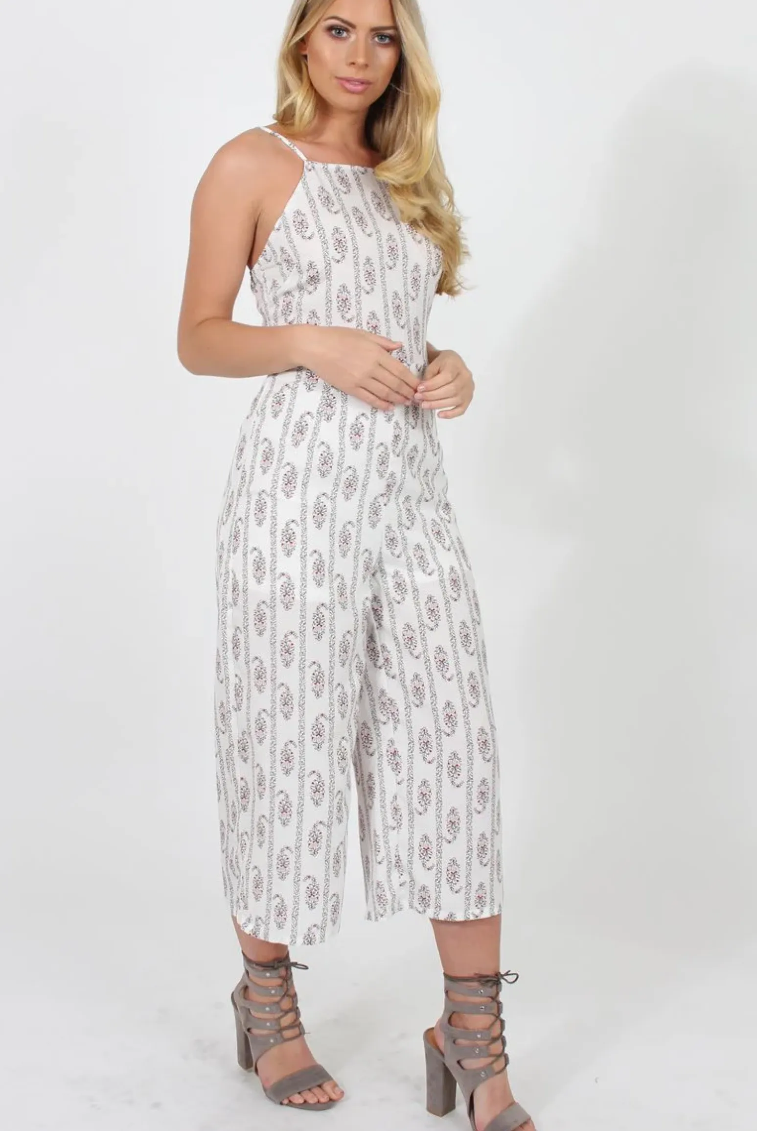 Rebellious Fashion White Pattern Culotte Jumpsuit - Monika