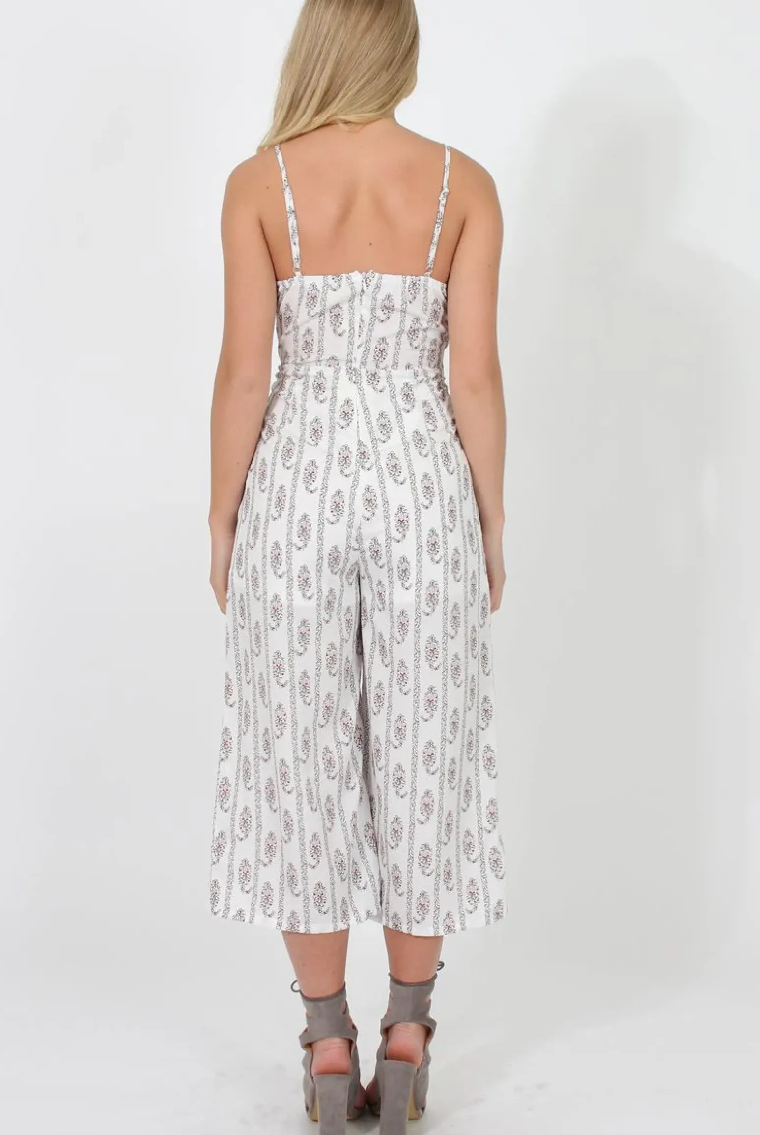 Rebellious Fashion White Pattern Culotte Jumpsuit - Monika