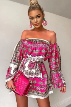 Rebellious Fashion White Pink Bardot Belted Scarf Print Dress - Kessa