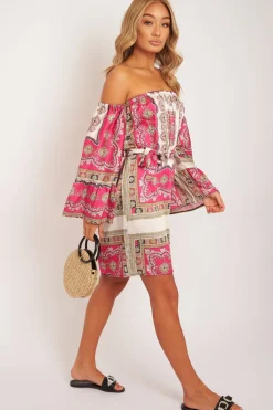 Rebellious Fashion White Pink Bardot Belted Scarf Print Dress - Kessa