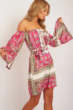 Rebellious Fashion White Pink Bardot Belted Scarf Print Dress - Kessa
