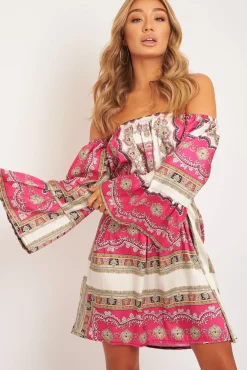 Rebellious Fashion White Pink Bardot Belted Scarf Print Dress - Kessa