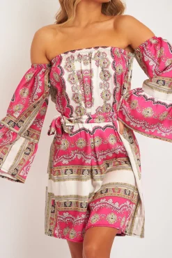 Rebellious Fashion White Pink Bardot Belted Scarf Print Dress - Kessa