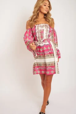 Rebellious Fashion White Pink Bardot Belted Scarf Print Dress - Kessa