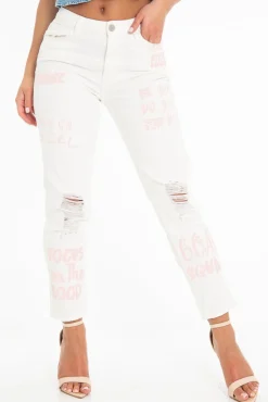 Rebellious Fashion White Pink Graffiti Slogan Print Mom Jeans - Rosy
