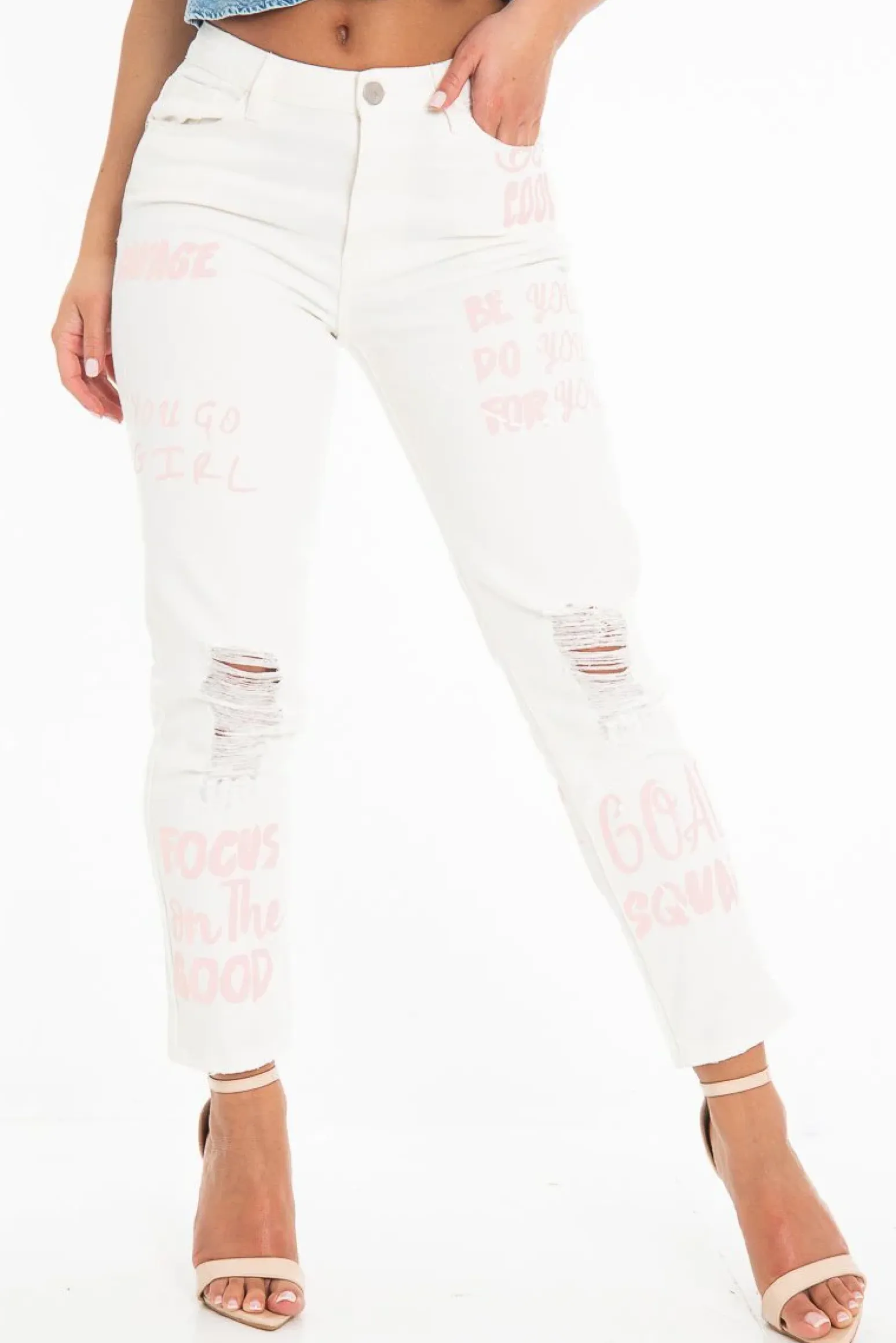 Rebellious Fashion White Pink Graffiti Slogan Print Mom Jeans - Rosy