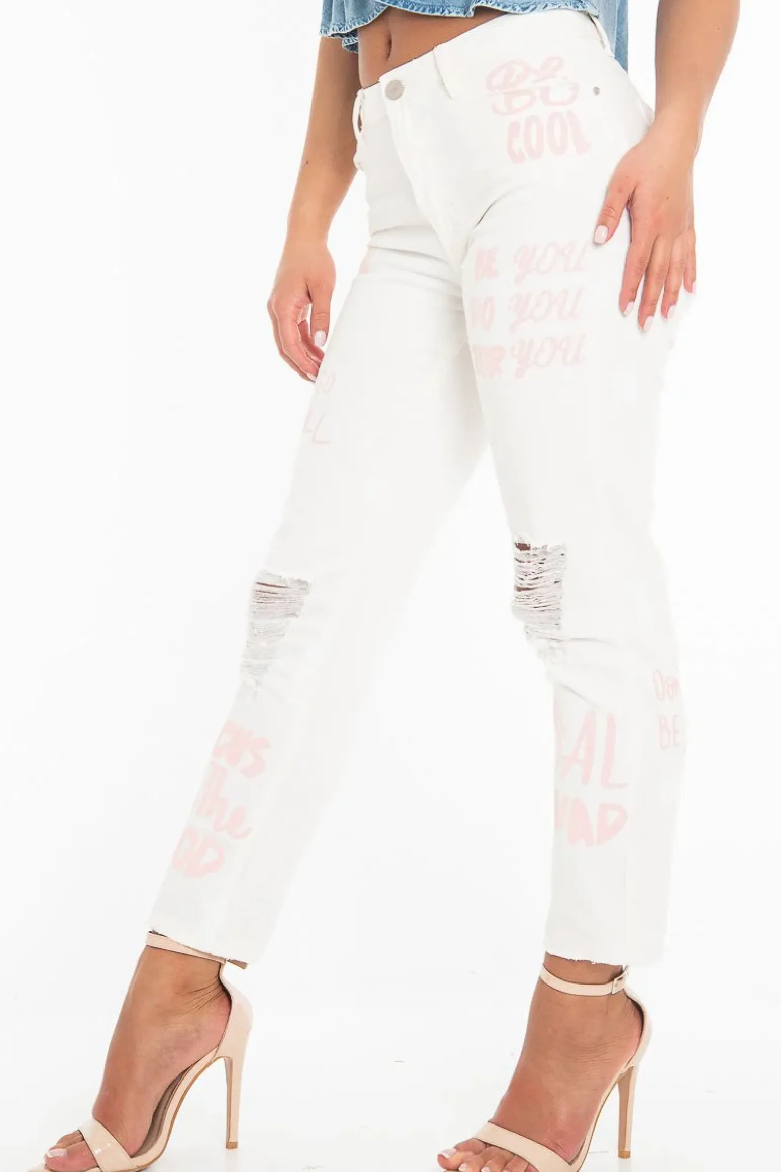Rebellious Fashion White Pink Graffiti Slogan Print Mom Jeans - Rosy