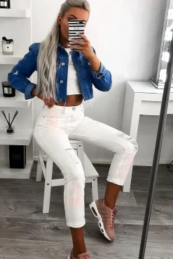 Rebellious Fashion White Pink Graffiti Slogan Print Mom Jeans - Rosy