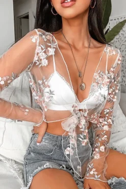 Rebellious Fashion White Pink Mesh Floral Tie Front Crop Top - Elana