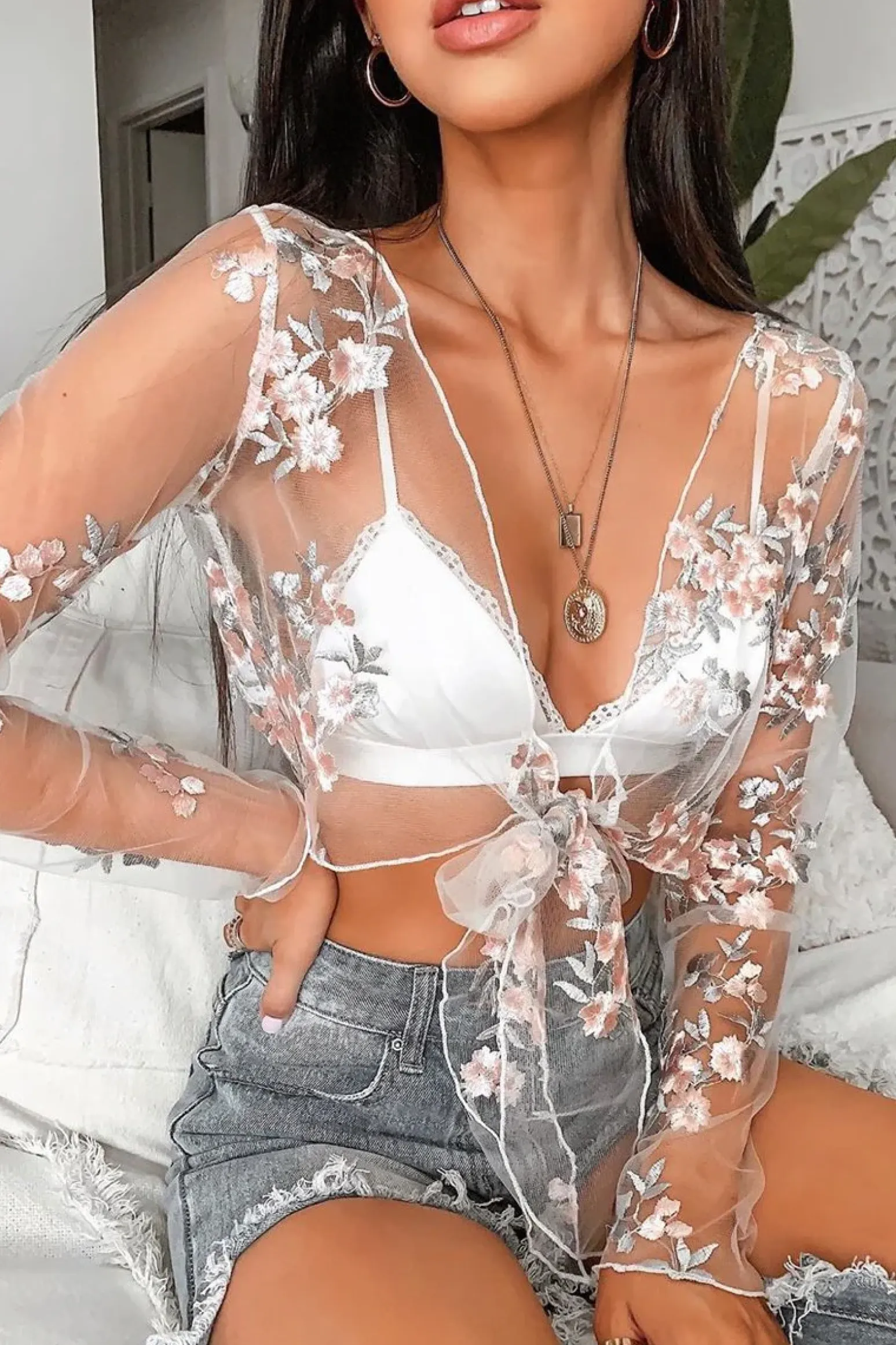 Rebellious Fashion White Pink Mesh Floral Tie Front Crop Top - Elana