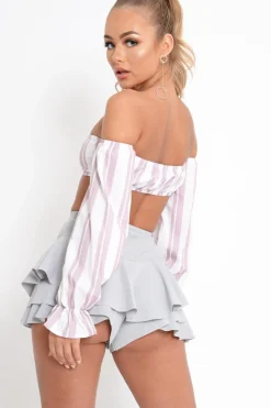 Rebellious Fashion White Pink Stripe Buckle Front Extreme Bardot Crop Top - Theora