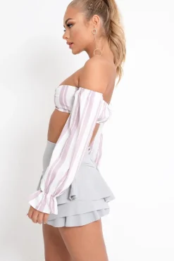 Rebellious Fashion White Pink Stripe Buckle Front Extreme Bardot Crop Top - Theora