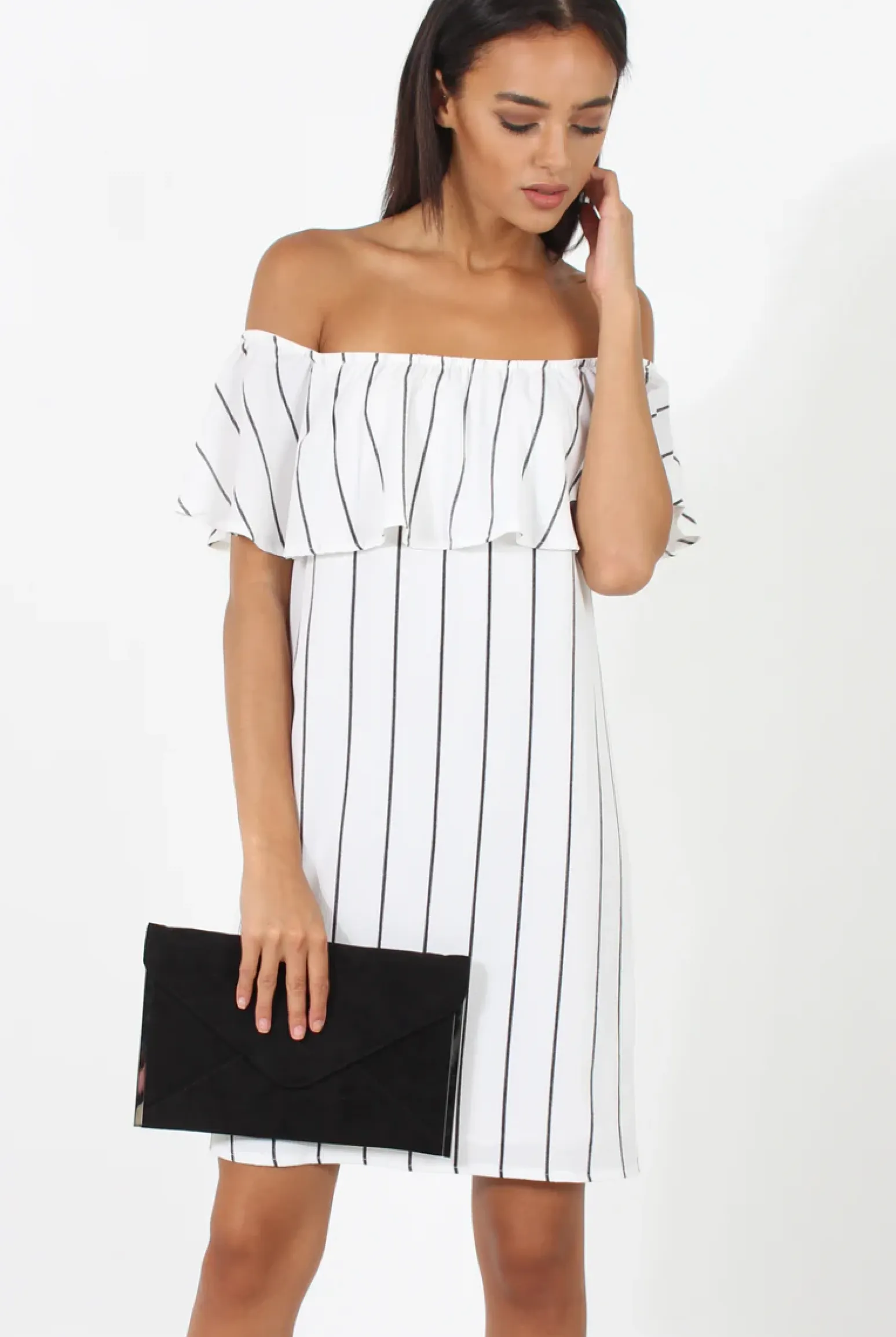Rebellious Fashion White Pinstripe Bardot Dress - Pip