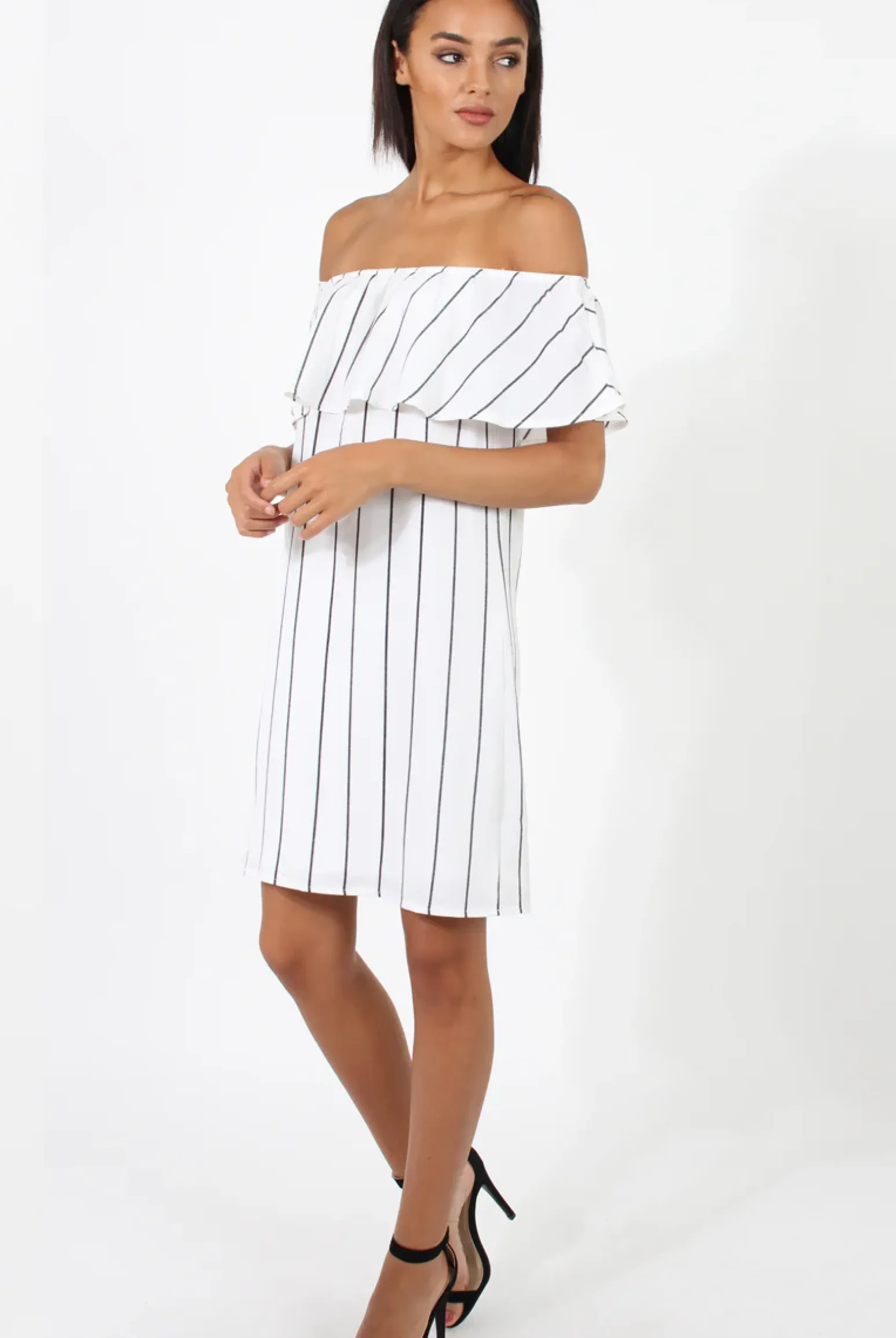 Rebellious Fashion White Pinstripe Bardot Dress - Pip