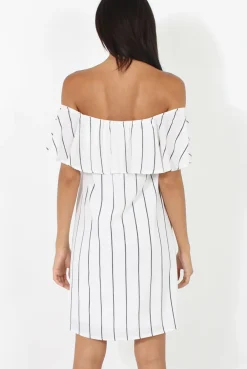 Rebellious Fashion White Pinstripe Bardot Dress - Pip