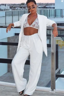 Rebellious Fashion White Pinstripe High Waist Tailored Trousers - Ginni