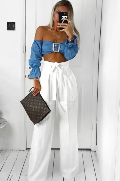 Rebellious Fashion White Pinstripe High Waist Tailored Trousers - Ginni