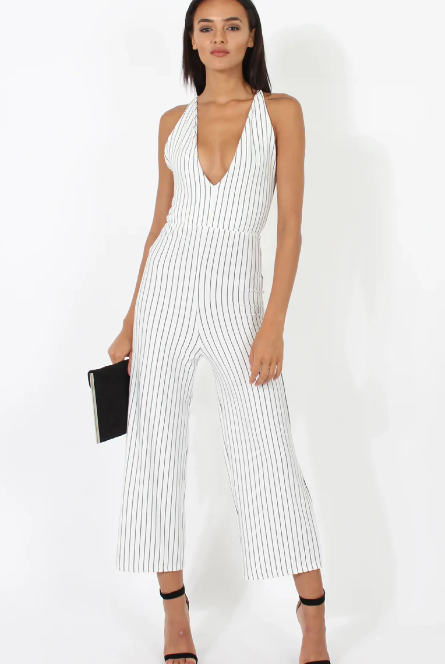 Rebellious Fashion White Pinstripe Plunge Culotte Jumpsuit - Francine