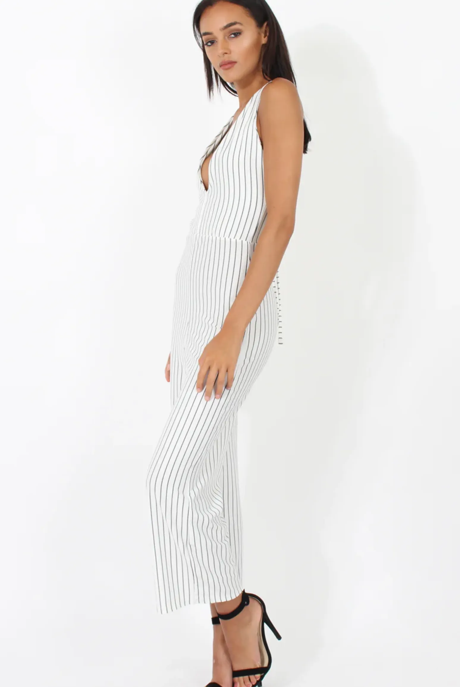 Rebellious Fashion White Pinstripe Plunge Culotte Jumpsuit - Francine