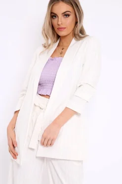 Rebellious Fashion White Pinstripe Ruched Sleeve Blazer - Romelia
