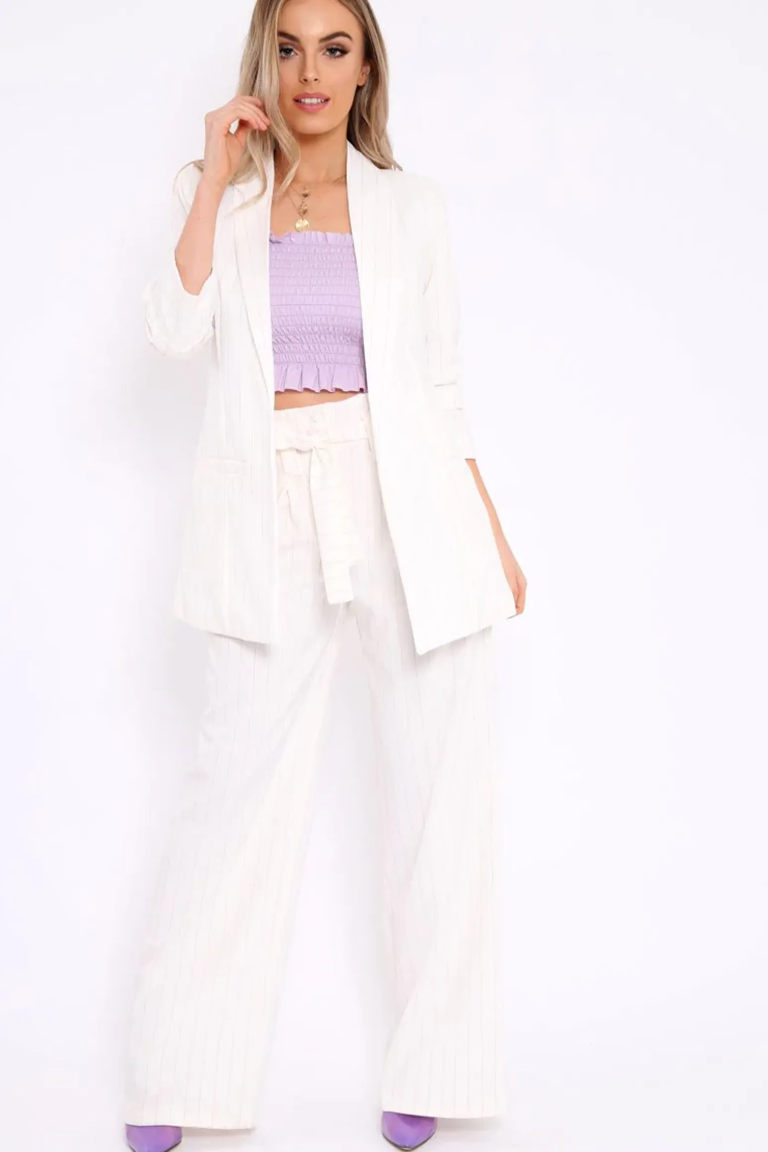 Rebellious Fashion White Pinstripe Ruched Sleeve Blazer - Romelia