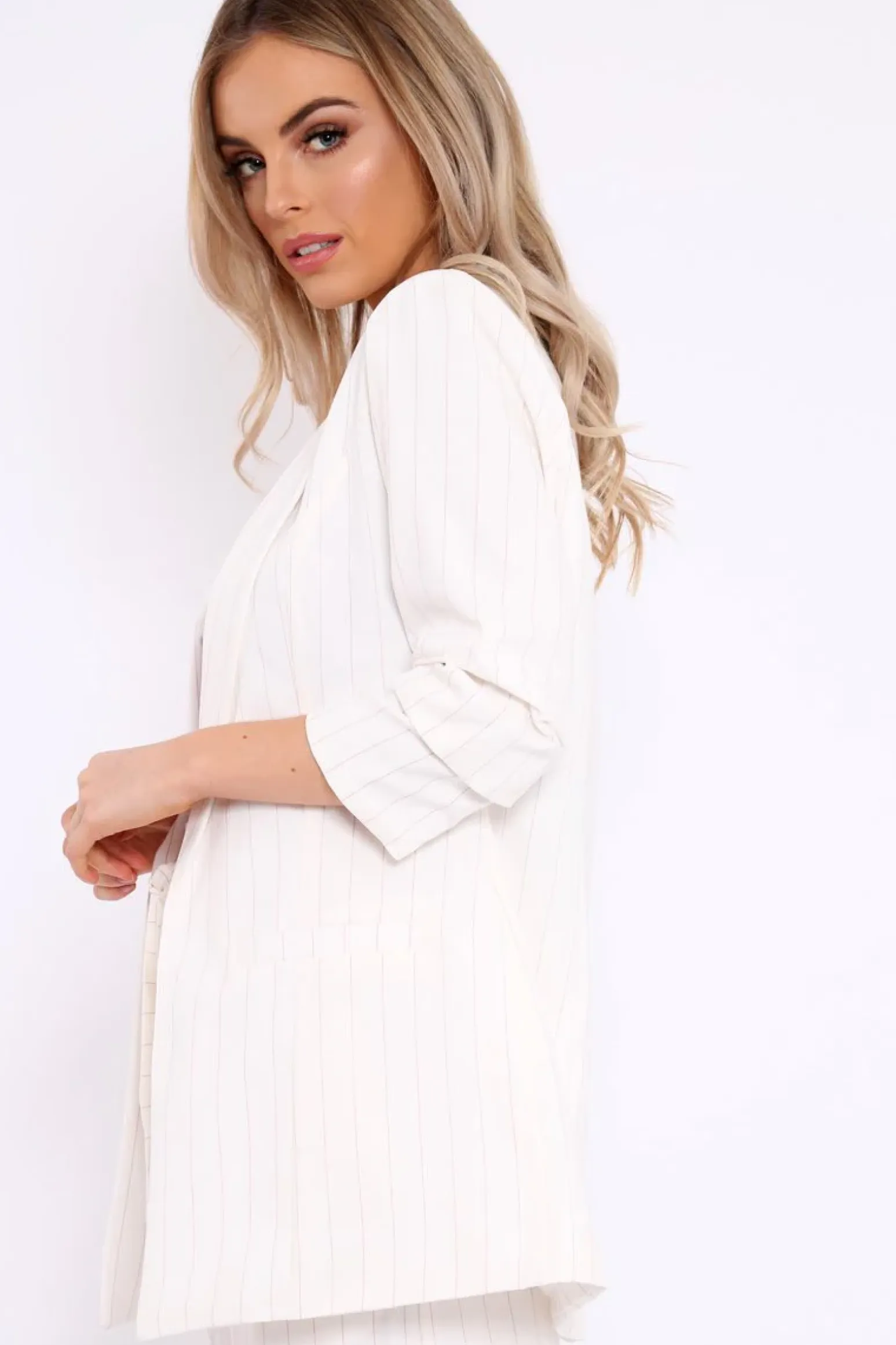 Rebellious Fashion White Pinstripe Ruched Sleeve Blazer - Romelia