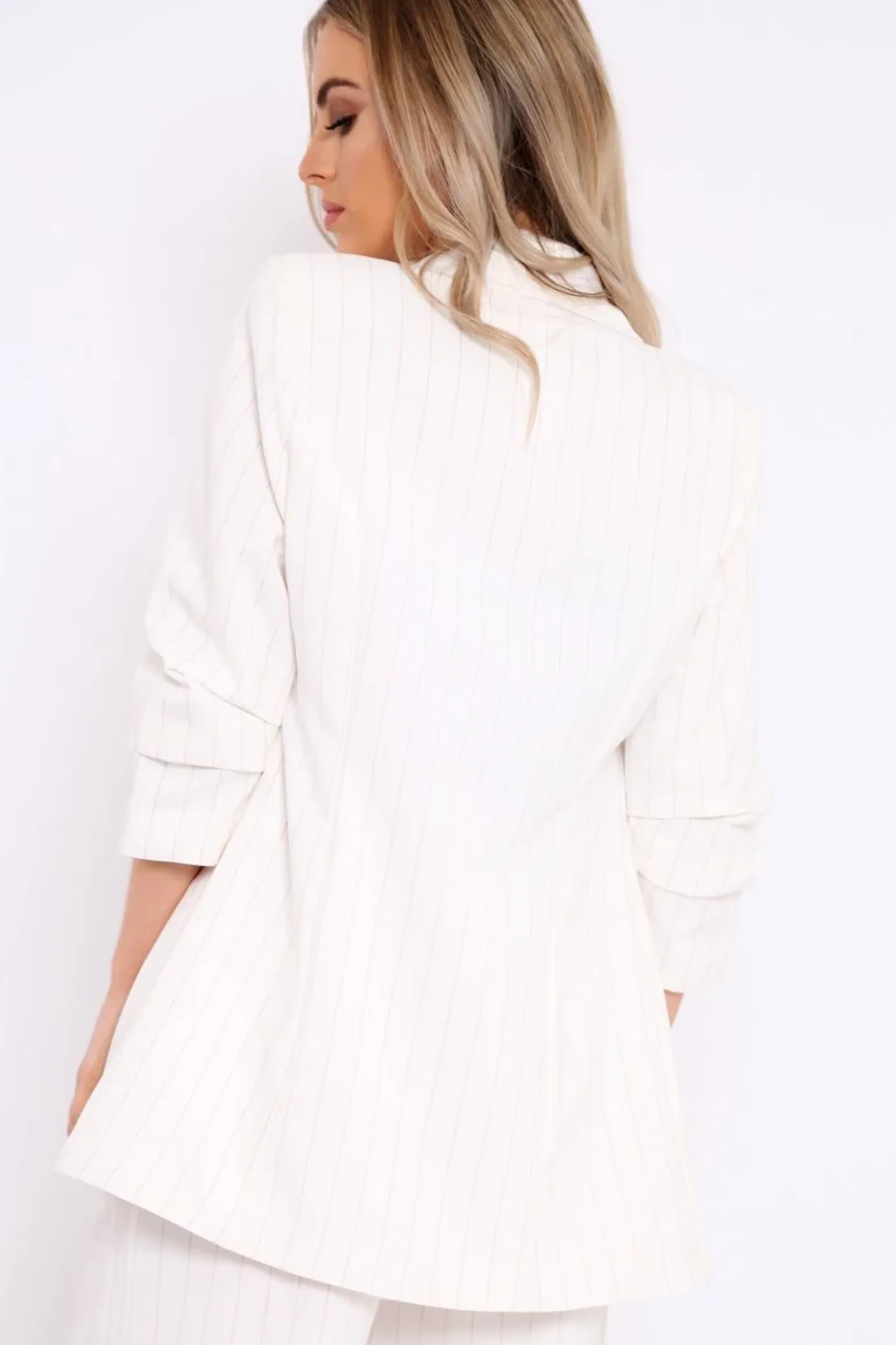 Rebellious Fashion White Pinstripe Ruched Sleeve Blazer - Romelia