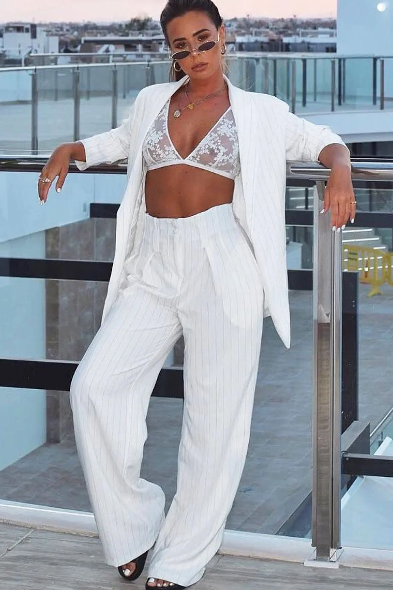 Rebellious Fashion White Pinstripe Ruched Sleeve Blazer - Romelia