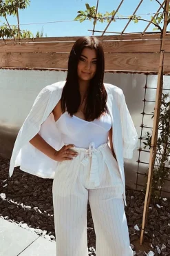 Rebellious Fashion White Pinstripe Ruched Sleeve Blazer - Romelia