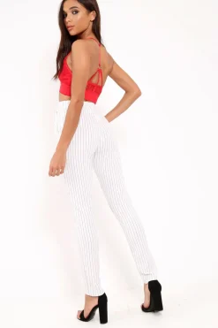 Rebellious Fashion White Pinstripe Tapered Trousers - Paighton