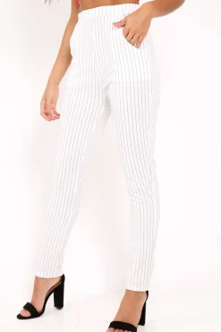 Rebellious Fashion White Pinstripe Tapered Trousers - Paighton