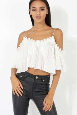 Rebellious Fashion White Pleated Crochet Trim Cold Shoulder Crop Top - Jil