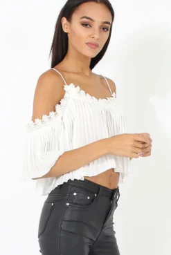 Rebellious Fashion White Pleated Crochet Trim Cold Shoulder Crop Top - Jil